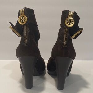 Tory Burch Dark Brown Suede Heeled Boots with Gold Accents
